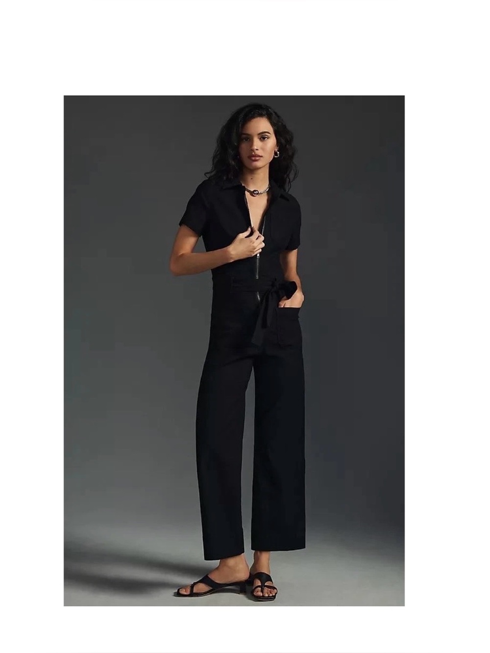 Maeve Black Short-Sleeve Tie-Waist Wide-Leg Jumpsuit